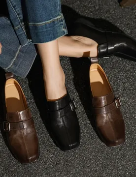 Spring New Low-Heel Square-Toe Leather Loafers with Buckle Strap, Slip-On Design - Aliexpress - FashionsVida