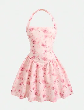 Vestido mini corto para niñas preadolescentes, casual de vacaciones, elegante con estampado floral rosa, de punto, tirantes finos, cintura ajustada, - Shein - FashionsVida