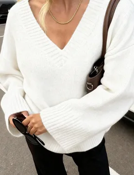 FOR BEAUTY Top de punto blanco de manga larga con cuello en V para mujer, estilo Y2K otoño/invierno, corte holgado, moda casual de calle, adecuado pa - Shein - FashionsVida