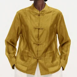 Blusa de satén con nudo y botones para mujer, cuello redondo, manga larga con puño, bolsillo en el pecho, bajo S