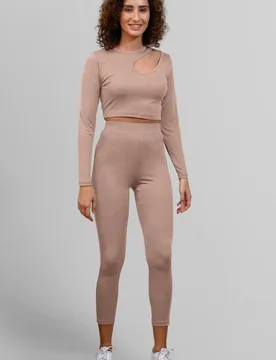 Women's Ribbed Crop Top & High Waist Leggings Set in Cream Size: 8 - Cream - Size: 8 - Enorsia - FashionsVida