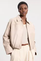 Women's Leather Collared Bomber Jacket in Cream Size: 12 - Cream - Size: 12