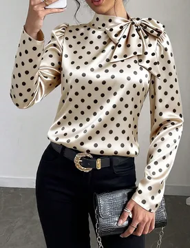Blusa elegante de mujer con cuello de corbata y mangas abullonadas con estampado de lunares S - Shein - FashionsVida