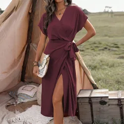 Vestido largo de unicolor con lazo para mujer, conjunto de ropa de playa y vacaciones XXL
