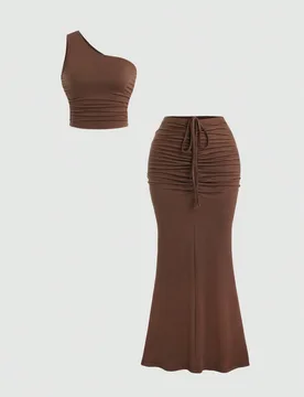 Conjunto de verano de top plisado con cuello asimétrico en unicolor y falda con cordón en la cintura - Estilo Y2K L - Shein - FashionsVida