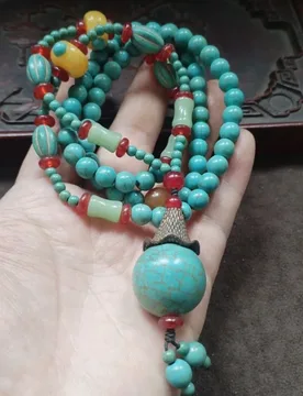 Vintage patina with old copper accents and turquoise round bead pendant necklace, suitable as a sweater chain - Aliexpress - FashionsVida