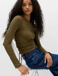 Double Layer Ruched Side Top Dark Olive female