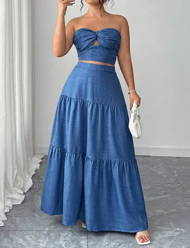 Conjunto de 2 piezas de talla grande con top bandeau azul con efecto de retorcido y falda larga con volantes, estilo de vacaciones, verano 1XL - Shein - FashionsVida