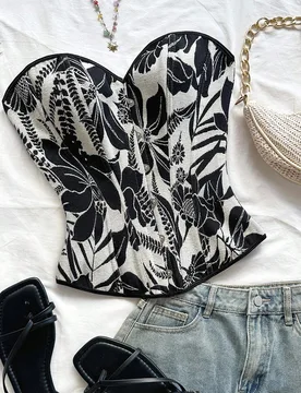 Top Corsé Blanco de Verano Boho Tropical Sexy Talla Grande, Estilo Pintura Vintage Bustier, Body, Vacaciones Crucero Rave, Festivo 2XL - Shein - FashionsVida
