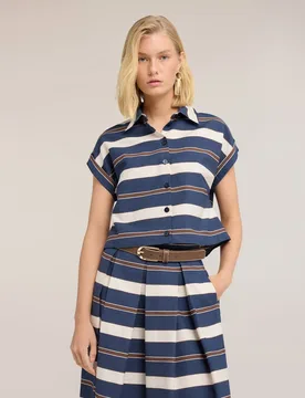 Camisa de mujer boxy de mezcla de algodón a rayas ajuste boxy cierre frontal con botones - Motivi - FashionsVida