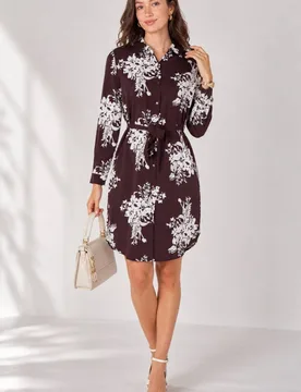 Women's Chocolate Ivory Bouquet Print Belted Shirt Dress in Brown Size: 14 - Brown - Size: 14 - LOVE SUNSHINE - FashionsVida