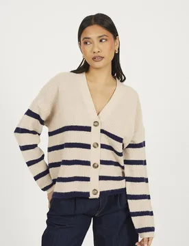 Stripe V-Neck Womens Fisherman Knit Cardigan - - Size: XL - Brave soul - FashionsVida