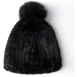 Gorro de pelo de visón y rex tricotado con pompón