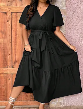 Vestido midi con mangas fluidas y volante en el bajo para mujeres de talla grande 2XL - Shein - FashionsVida