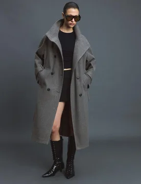 Langer Mantel mit Stehkragen aus weichem Material Graumeliert L - Stradivarius - FashionsVida