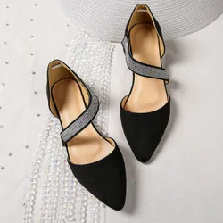 Bailarinas con adorno de strass, de ante, para otoño/invierno, zapatos planos de mujer de color negro con contraste de color de moda EUR36