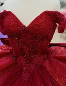 Burgundy Quinceanera Dress off-shoulder Sequin 3D Flower Decal Layering Long tail Bow vestidos de 15 Quinceanera ﻿Customize - Aliexpress - FashionsVida
