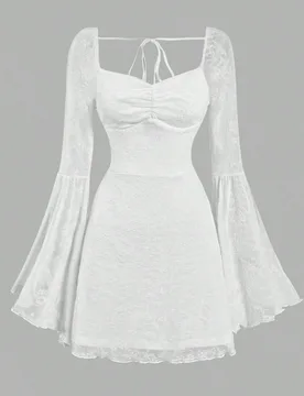 Vestido elegante de línea A con mangas de campana de encaje, unicolor, textura arrugada, para primavera/verano XS - Shein - FashionsVida