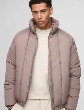 Mens Oversized Vertical Panelled Hooded Puffer Jacket - Taupe - Size Large - boohooMAN - FashionsVida