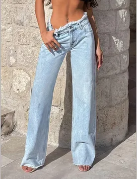 Jeans de pierna ancha con diseño de cintura deshilachada, ajuste holgado, moda casual para mujer, primavera/otoño S - Shein - FashionsVida