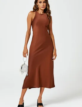 Women's Slim-Fit Satin Midi Dress In Brown Size: XL - Brown - Size: XL - FS Collection - FashionsVida