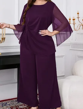 Conjunto de 2 piezas de talla grande para mujer con camisa de manga abullonada con drapeado en la cintura y pantalones de pierna ancha de unicolor 1XL - Shein - FashionsVida