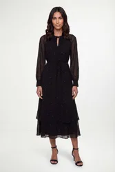 Women's Printed Metallic Twist Neck Midi Dress in Black Size: 12 - Black - Size: 12