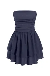 Womens Strapless Textured Ruffle Mini Dress - Navy
