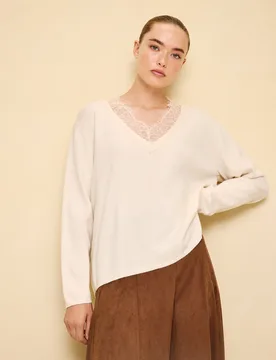 Jersey cuello pico con encaje de mujer - Easy Wear - FashionsVida
