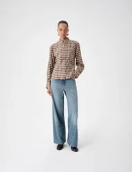Cotton Blend Check Tie Neck Fitted Shirt Brown Mix female