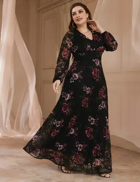 Vestido elegante de manga farol con estampado floral para vacaciones de primavera, talla grande en color negro 2XL - Shein - FashionsVida
