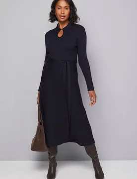Women's Keyhole Collared Belted Knitted Midi Dress in Navy Size: Small - Navy - Size: S - Wallis - FashionsVida