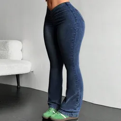 Jeans acampanados con drapeado en la cintura, estilo casual de otoño para mujer 30