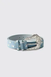 Herren PU Denim Western Schnallengürtel Denim-Blue Größe XL