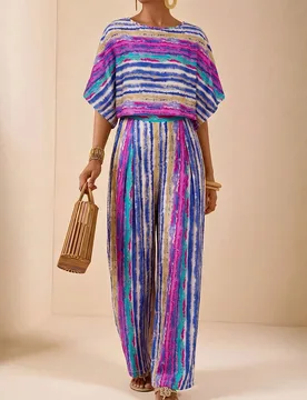 Conjunto de 2 piezas para mujer estilo vacaciones con top de manga murciélago a rayas coloridas + pantalones largos de pierna ancha a juego S - Shein - FashionsVida