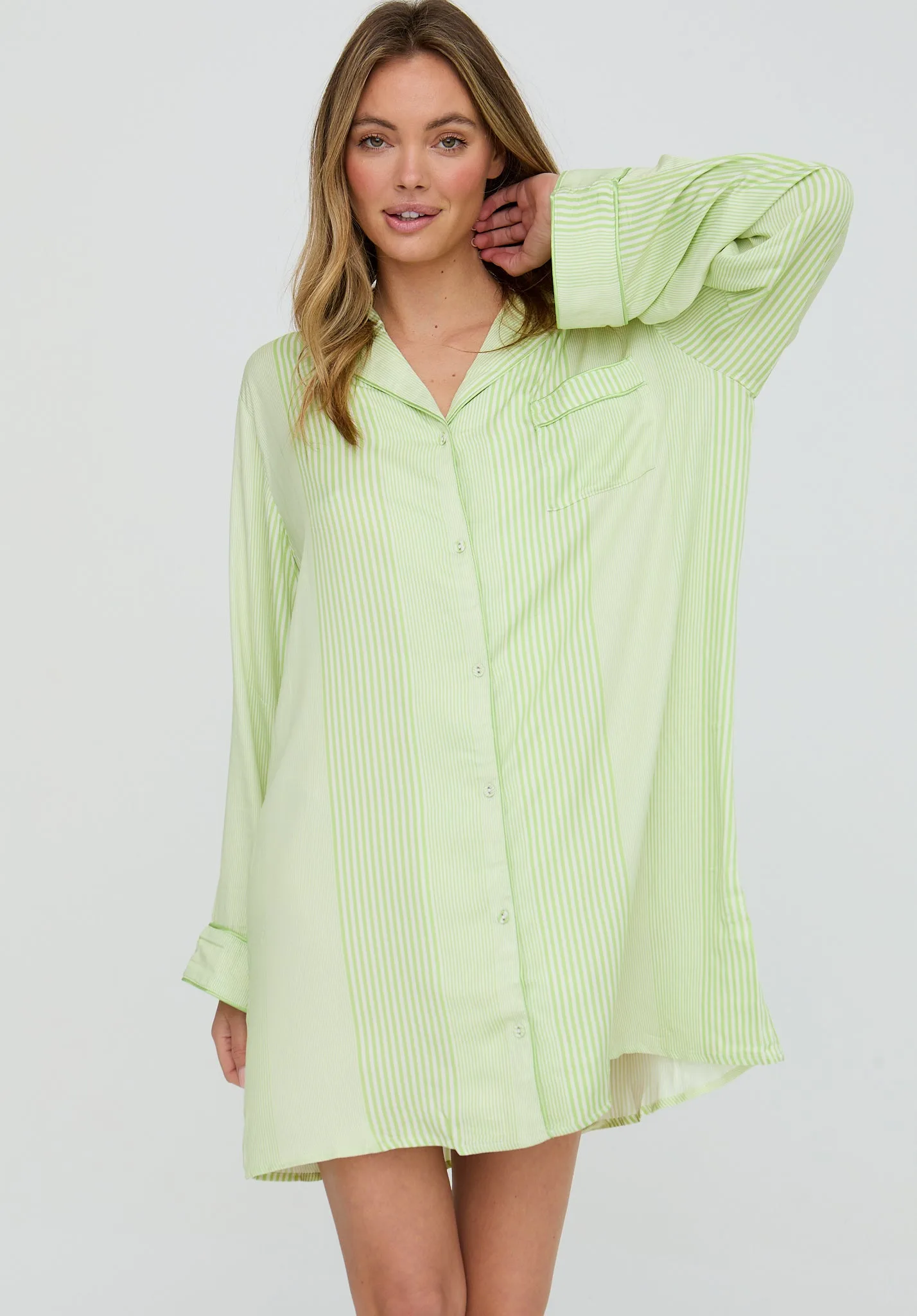 Simone Long Sleeve Mini Stripe Print Nightshirt In Green - S - Lily and Lionel London Limited - FashionsVida