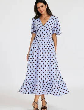 Women's Polka Dot V-Neck Angel Sleeve Midi Dress in Blue Size: Small - Blue - Size: S - FS Collection - FashionsVida