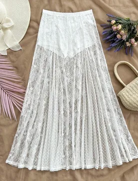 Falda suelta semitransparente blanca de estilo vacacional para mujer con encaje, lunares y parches de malla, adecuada para el verano, festivales de m? - Shein - FashionsVida