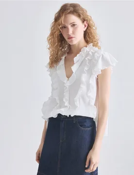 Blusa sin mangas con cuello V y volantes - Blanxart - FashionsVida