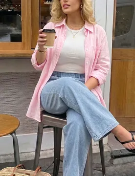 Camisa casual de manga larga a rayas talla grande, ropa de mujer rosa para otoño 1XL - Shein - FashionsVida