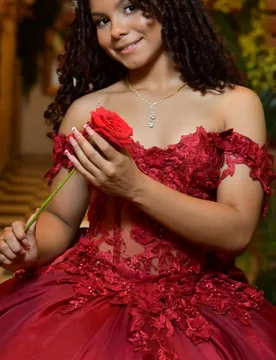 Burgundy Quinceanera Dress off-shoulder Glitter Crystal 3D Flower Decal Long tail Bow vestidos de 15 Quinceanera ﻿Customized - Aliexpress - FashionsVida