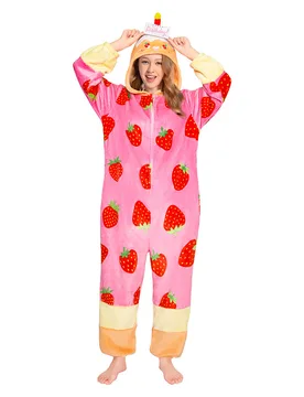 Strawberry Cake Pajamas Food Onesie Plush Warm Home One Piece For Adult Unisex Halloween Costume - S - OLAOLA - FashionsVida