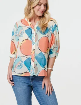 Women's Printed 3/4 Sleeve Button-Back Blouse in Orange Size: 12 - Orange - Size: 12 - Izabel London - FashionsVida