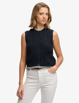 Superdry Damen Cable Knit Tanktop mit Knopfleiste Navy - Größe: 40 - 39.99 - FashionsVida