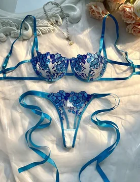 Conjunto de lencería de 2 piezas con bordado y lazo azul cielo para mujer XL - Shein - FashionsVida