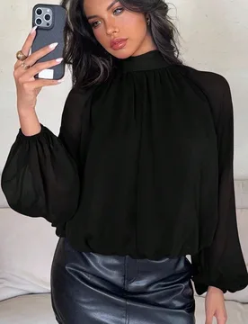 Blusa holgada de mujer de unicolor con cuello alto y mangas farol, otoño S - Shein - FashionsVida