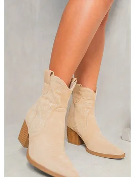 Women's Laura Faux Suede Cowboy Ankle Length Boots in Beige Size: 5 - Beige - Size: 5 - IKRUSH - FashionsVida