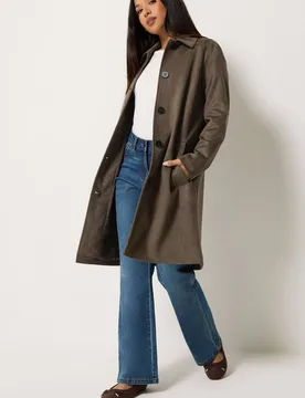 Women's Faux Suede Midi Coat in Chocolate Size: 16 - Chocolate - Size: 16 - M&Co - FashionsVida