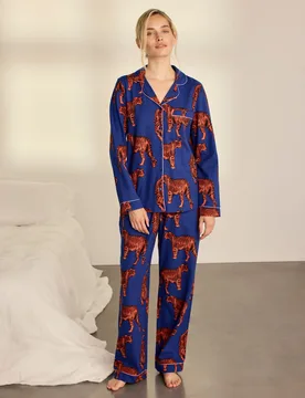 Cotton Button Fastening Pyjama Set Blue female - Chelsea Peers - FashionsVida