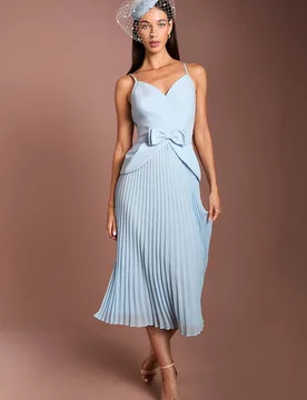 Women's Lisa Tan Bow Detail Crepe Bodice Pleated Midi Dress in Light Blue Size: 18 - Light Blue - Size: 18 - Coast - FashionsVida